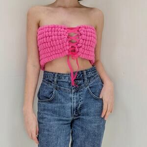 Handmade Pink Barbie Balletcore Coquette Knit Cotton Candy Puff Top M